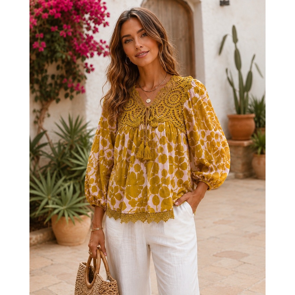 Sundance Boho Lace Crochet Tropical Monstera Leaf Peasant Blouse Top Sz S